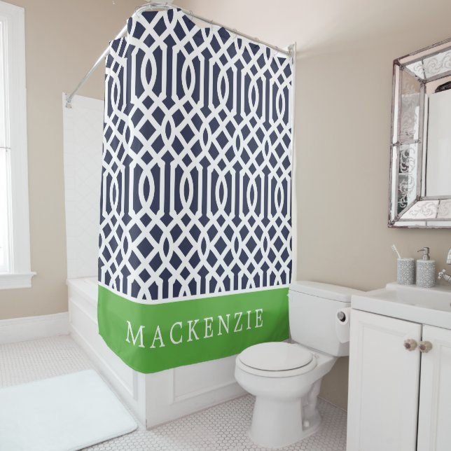 Green and Navy Trellis Monogram Shower Curtain (In Situ)