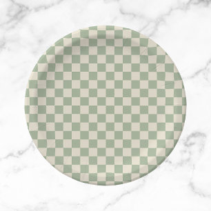 Green and Off White Checkerboard Paper Plate