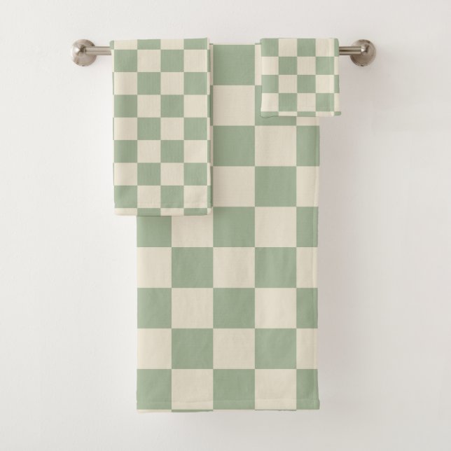 Green and Off White Chequerboard Bath Towel Set (Insitu)