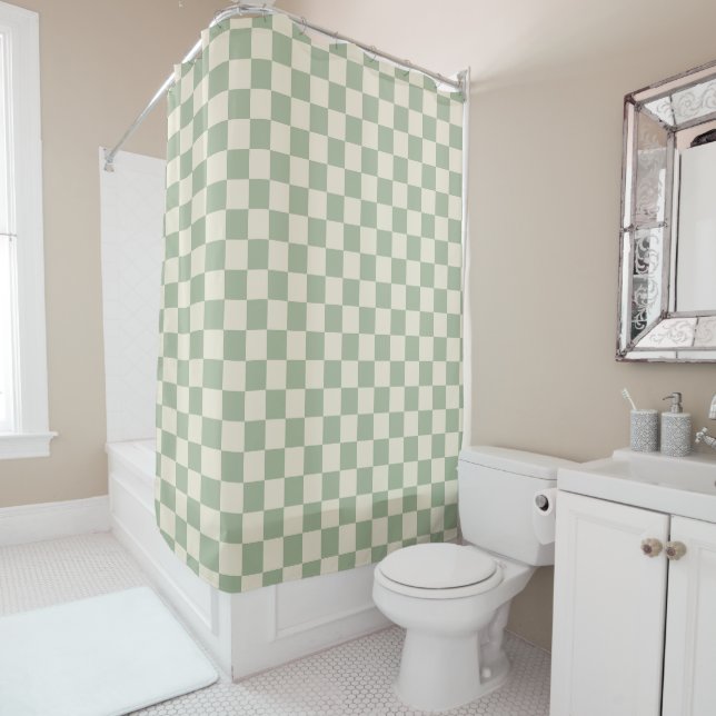Green and Off White Chequerboard Shower Curtain (In Situ)