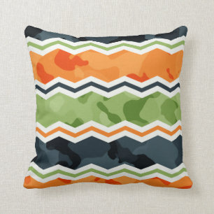 Green and Orange Camo Chevron Stripes Cushion