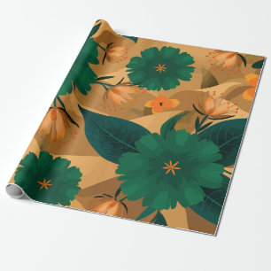 Green and orange Florals with golden background Wrapping Paper