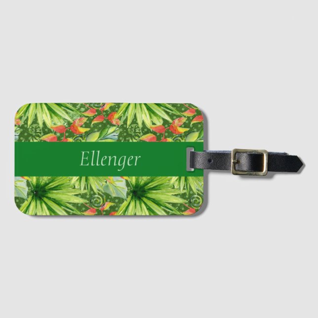 Green and Orange Monogrammed Tropical Luggage Tag (Front Horizontal)