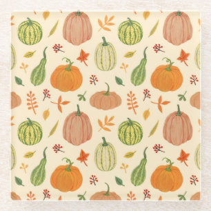Green and orange pumpkins, seamless pattern. glass coaster