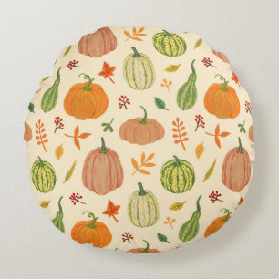 Green and orange pumpkins, seamless pattern. round cushion