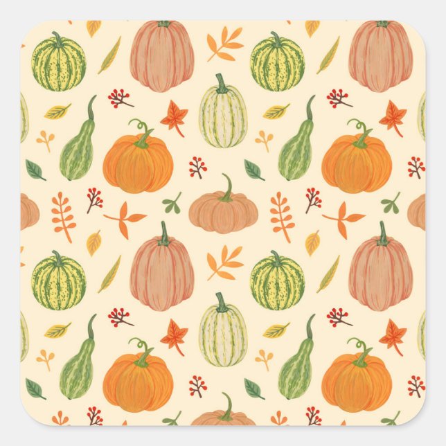 Green and orange pumpkins, seamless pattern. square sticker (Front)