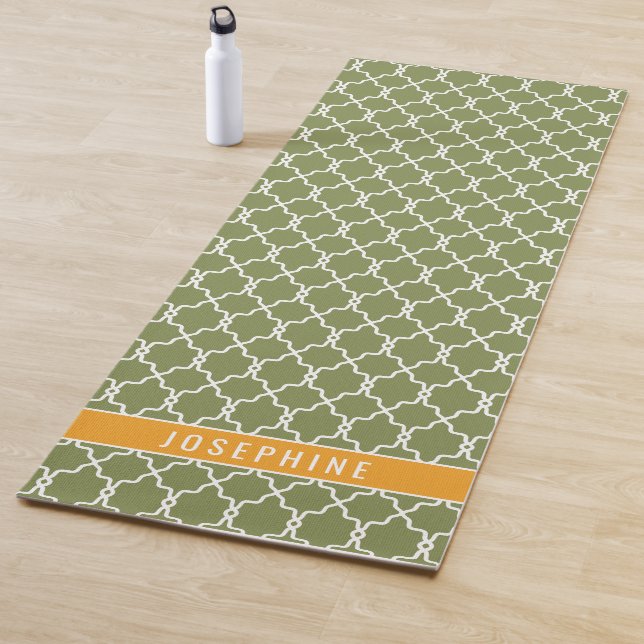 Green And Orange Trellis Pattern With Custom Name Yoga Mat (In Situ)