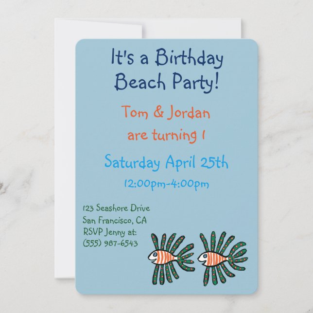 Green and Orange Twin Fin Fish Invitation (Front)