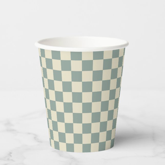 Green and Pale Yellow Chequerboard Paper Cups (Front)
