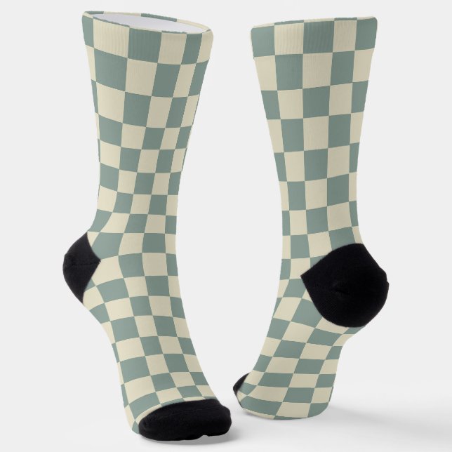 Green and Pale Yellow Chequerboard Socks (Angled)