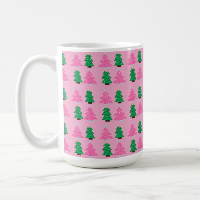 Green and Pink Christmas Trees  Coffee Mug (Left)