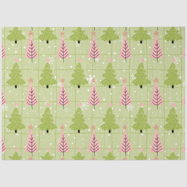 Green and Pink Christmas Trees Stars Christmas Tissue Paper (Front)