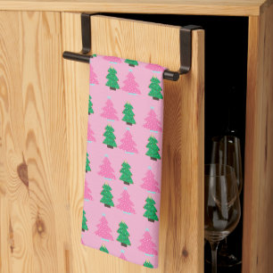Green and Pink Christmas Trees  Tea Towel