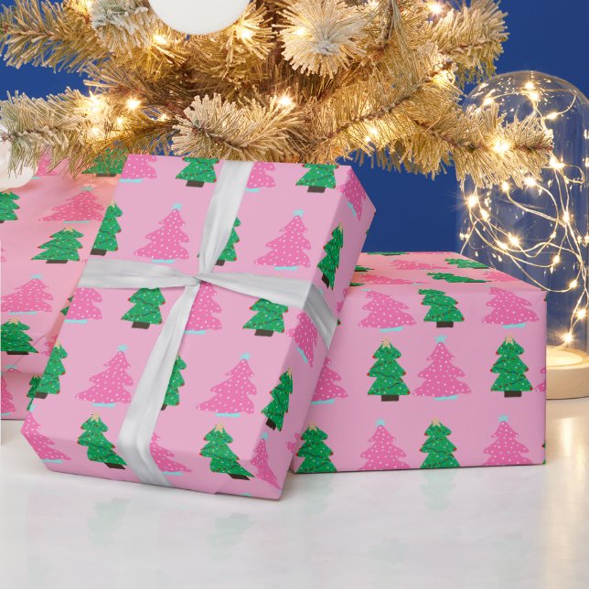 Green and Pink Christmas Trees  Wrapping Paper (Holidays)