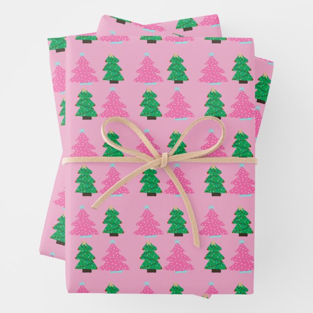 Green and Pink Christmas Trees  Wrapping Paper Sheet (In situ)
