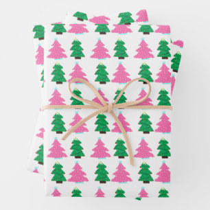 Green and Pink Christmas Trees Wrapping Paper Sheet