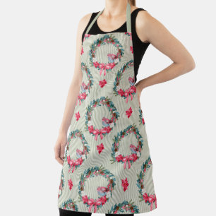 Green and Pink Christmas Wreath and Cardinal  Apron