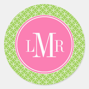Green and Pink Circles Pattern Monogram Classic Round Sticker