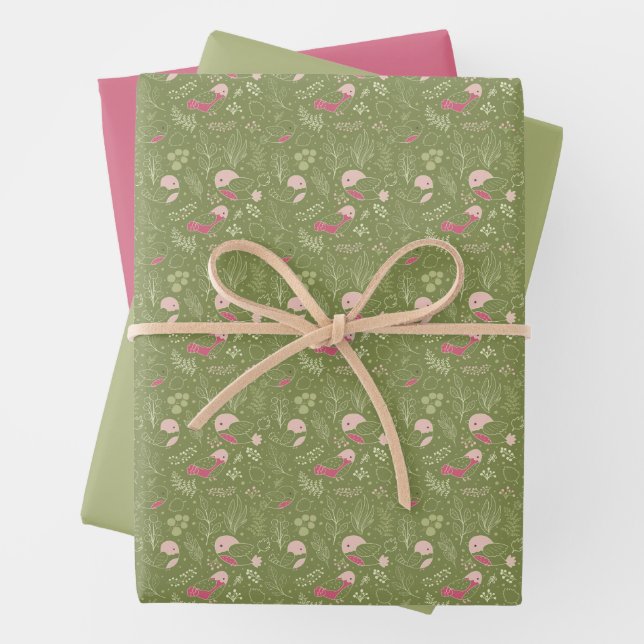 Green and Pink Cute Bird Baby ShowerWrapping Paper (In situ)