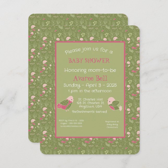 Green and Pink Cute Birds Baby Girl Shower Holiday Card (Front/Back)