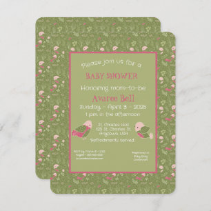 Green and Pink Cute Birds Baby Girl Shower Holiday Card