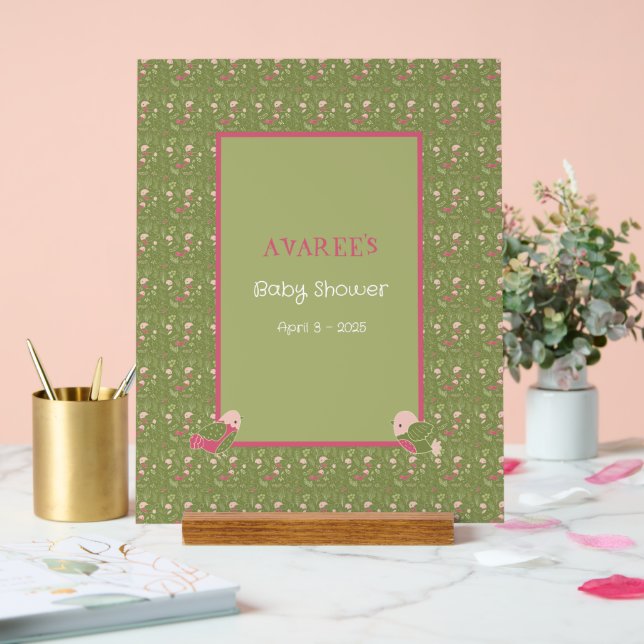 Green and Pink Cute Birds Baby Shower  Acrylic Sign (Wedding)