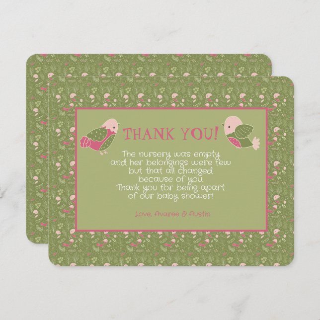 Green and Pink Cute Birds Baby Shower Thank You (Front/Back)