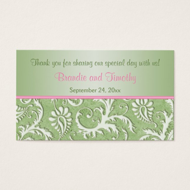 Green and Pink Damask Wedding Favour Tag (Front)