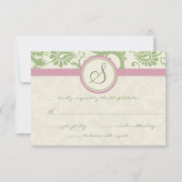 Green and Pink Damask Wedding RSVP