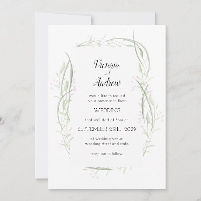 Green and Pink Delicate Floral Wedding Invitations (Front)