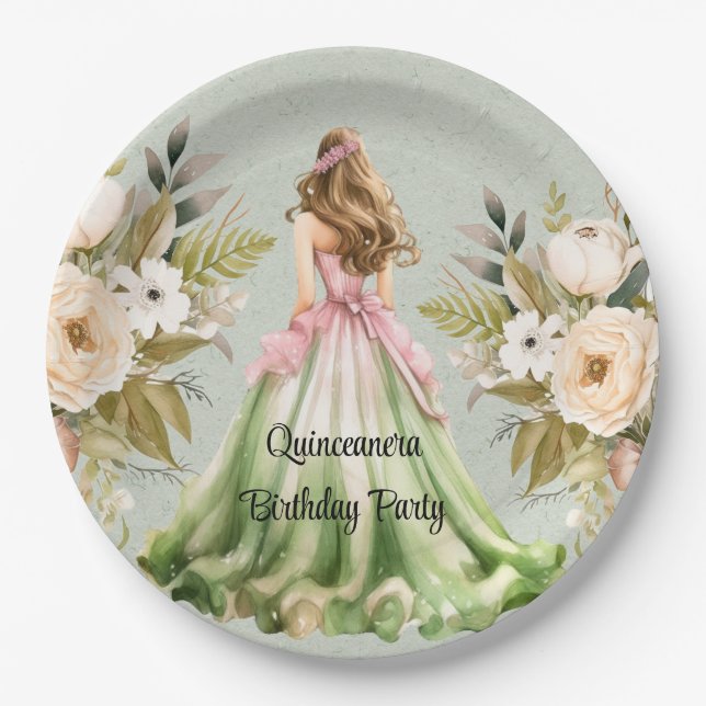 Green and Pink Dress Quinceanera Birthday Party Paper Plate (Front)
