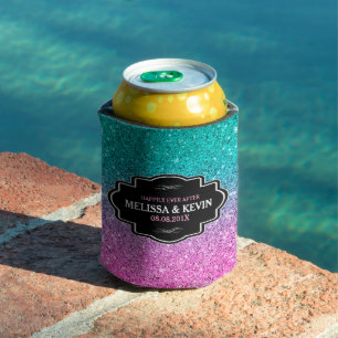 Green and pink faux glitter custom text can cooler