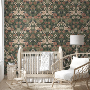 Green and Pink Flamingo Floral Damask Wallpaper