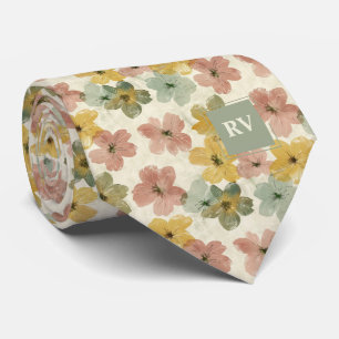 Green and Pink Floral Monogrammed Necktie