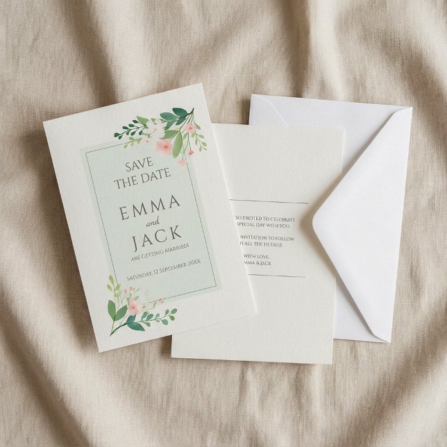 Green and pink floral soft wedding save the date (Green and pink floral soft wedding save the date.)