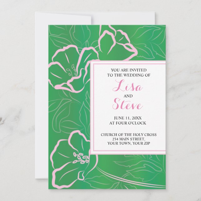Green and Pink Floral Tropical Theme Wedding Invitation (Front)