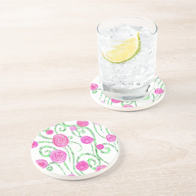 Green and Pink Flower Illustration Coaster (Side)