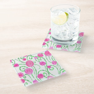 Green and Pink Flower Illustration Glass Coaster