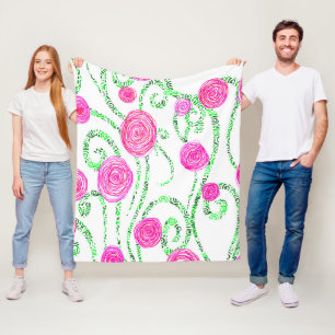 Green and Pink Flower Vines Fleece Blanket