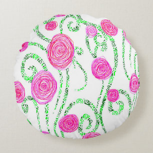 Green and Pink Flower Vines Round Cushion