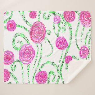 Green and Pink Flower Vines Sherpa Blanket