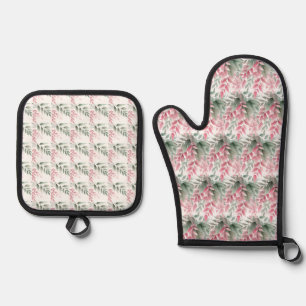 Green and Pink Foliage Oven Mitt and Pot Holders Oven Mitt & Pot Holder Set