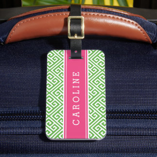 Green and Pink Greek Key Custom Monogram Luggage Tag