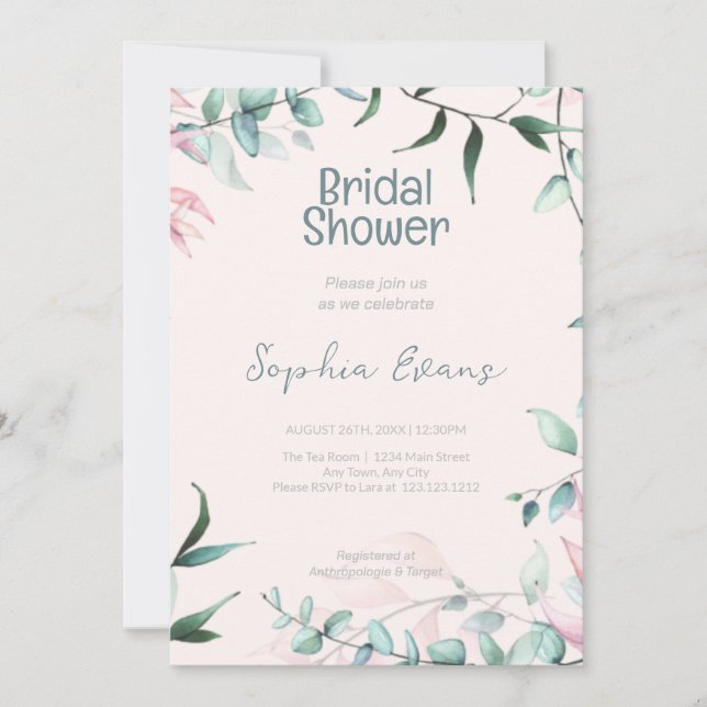 Green and Pink Greenery Pink Bridal Shower Invitation (Front)