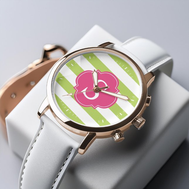 Green and Pink Horizontal Stripes Monogram Watch (Creator Uploaded)