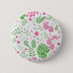 Green and pink leaves and flowers 6 cm round badge