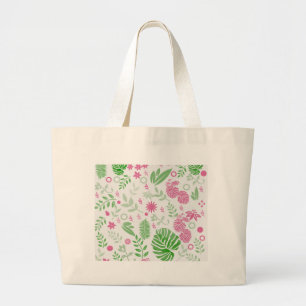 Green and pink leaves and flowers large tote bag