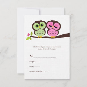 Green and Pink Owls Wedding RSVP Card