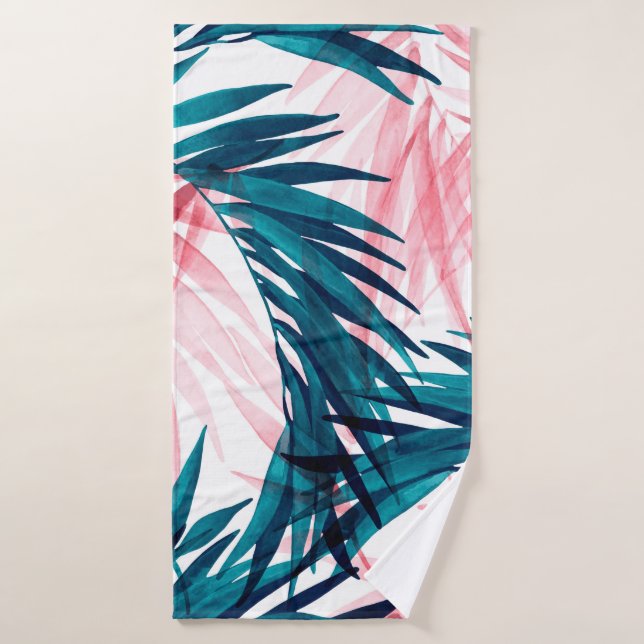 Green and pink palm leaves pattern bath towel (Bath Towel)