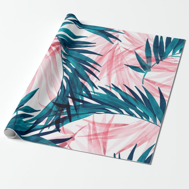 Green and pink palm leaves pattern wrapping paper (Unrolled)